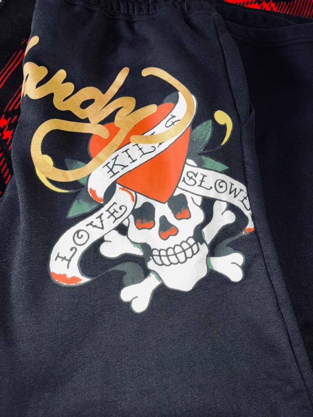 Ed hardy Black Graphic Skull & Heart Sweatpants with Script Logo, XL